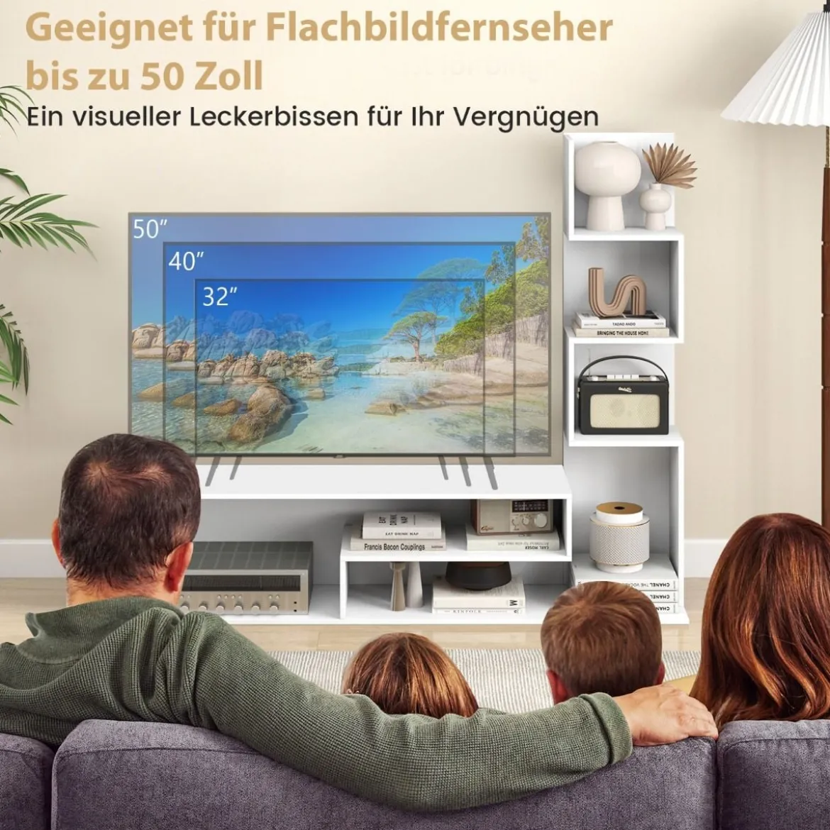 Fernsehschrank Holz Fernsehtisch mit Bücherregal für TVs bis zu 50" 144,5 x 29,5 x 121 cm Braun/Weiß