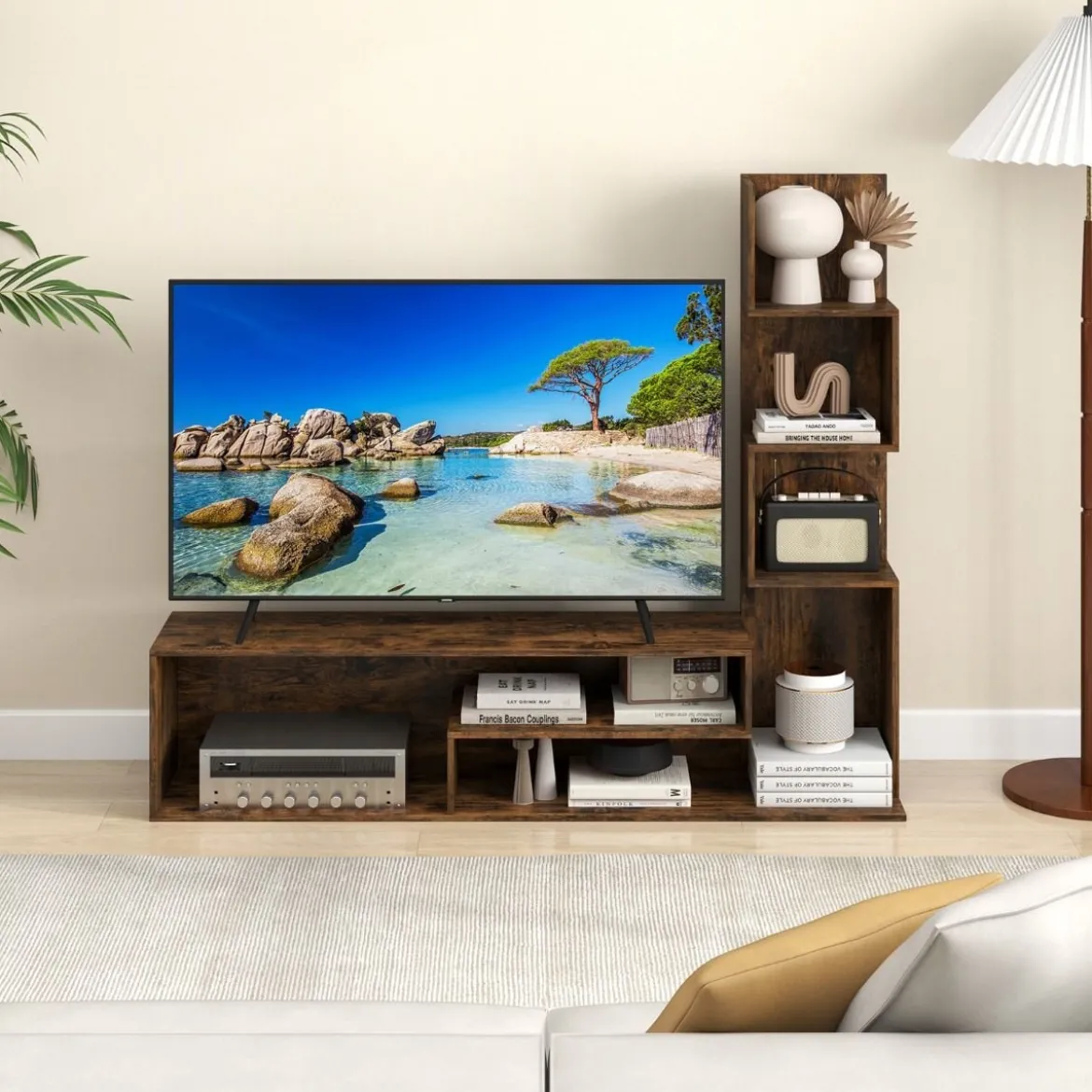Fernsehschrank Holz Fernsehtisch mit Bücherregal für TVs bis zu 50" 144,5 x 29,5 x 121 cm Braun/Weiß