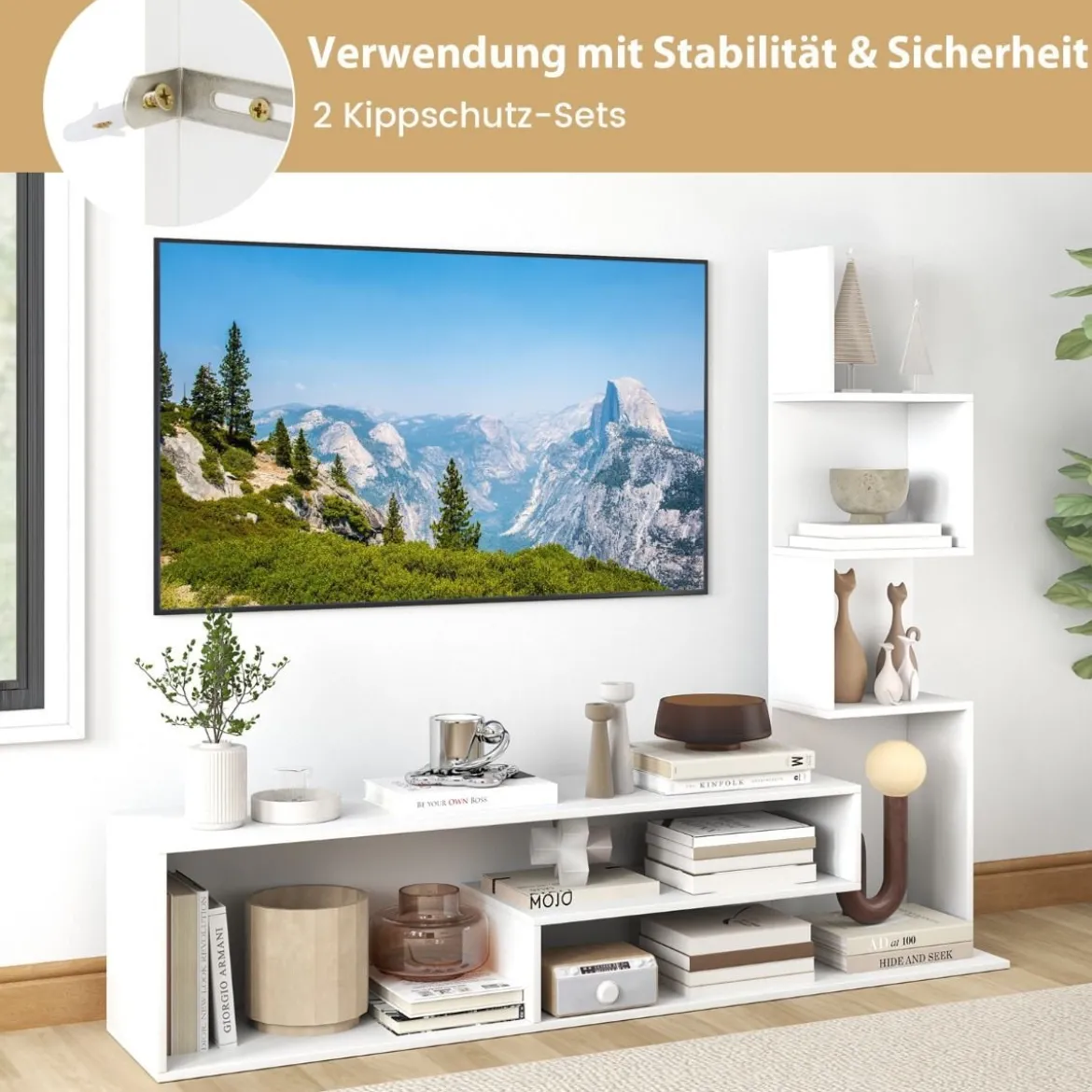 Fernsehschrank Holz Fernsehtisch mit Bücherregal für TVs bis zu 50" 144,5 x 29,5 x 121 cm Braun/Weiß