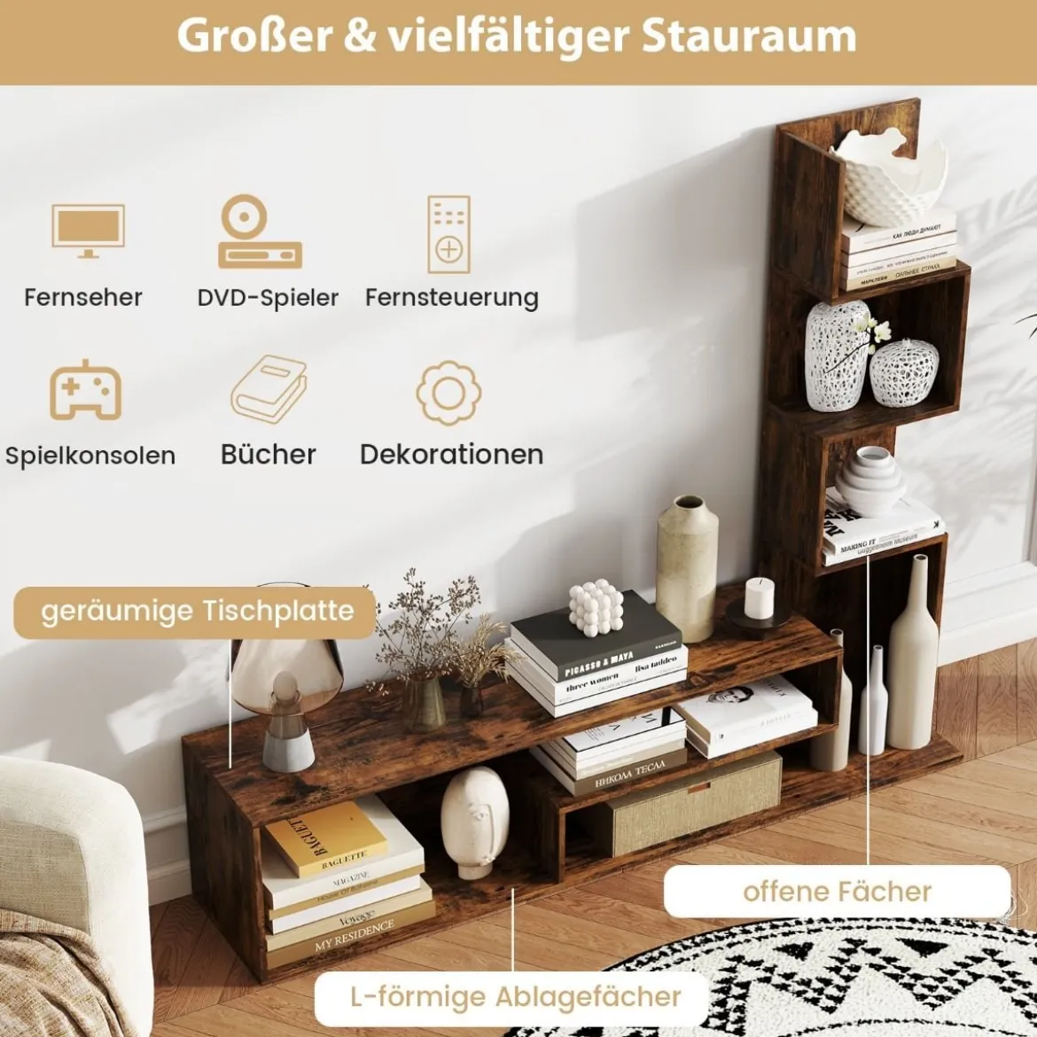 Fernsehschrank Holz Fernsehtisch mit Bücherregal für TVs bis zu 50" 144,5 x 29,5 x 121 cm Braun/Weiß