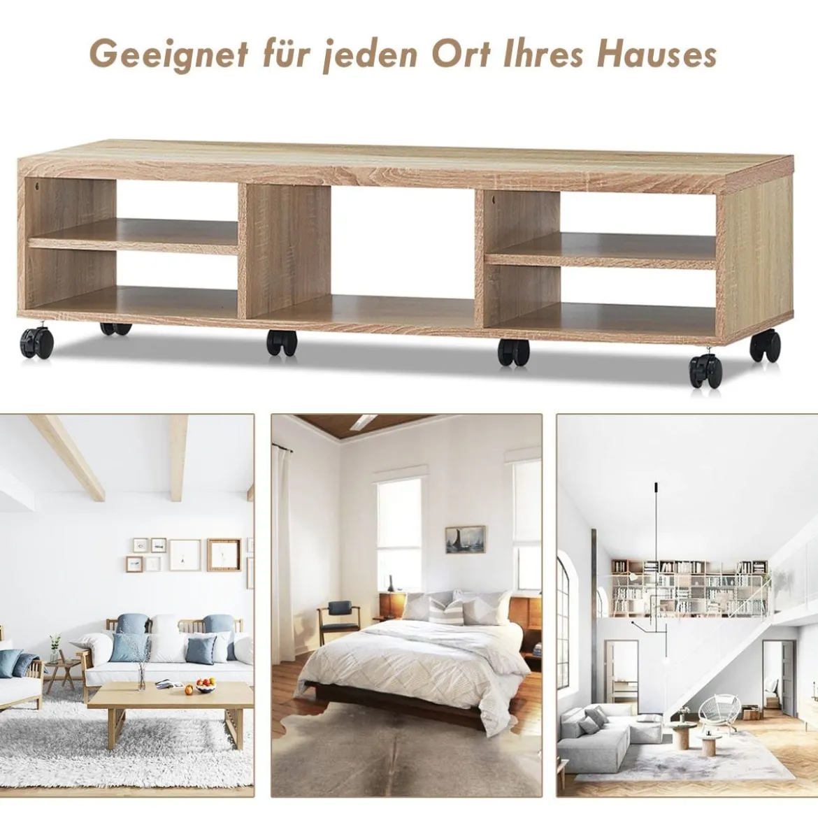 Fernsehschrank Holz mit 5 offenen Fächern TV Schrank mit Rädern Natur