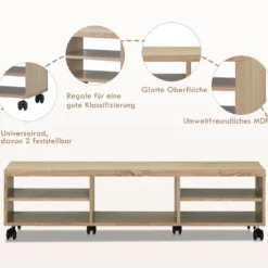 Fernsehschrank Holz mit 5 offenen Fächern TV Schrank mit Rädern Natur