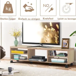 Fernsehschrank Holz mit 5 offenen Fächern TV Schrank mit Rädern Natur
