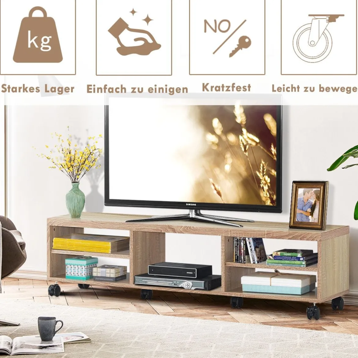 Fernsehschrank Holz mit 5 offenen Fächern TV Schrank mit Rädern Natur