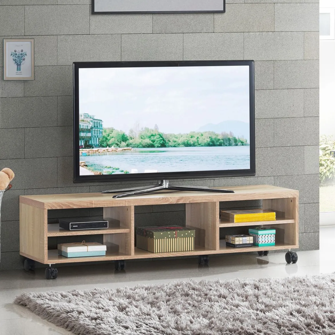 Fernsehschrank Holz mit 5 offenen Fächern TV Schrank mit Rädern Natur