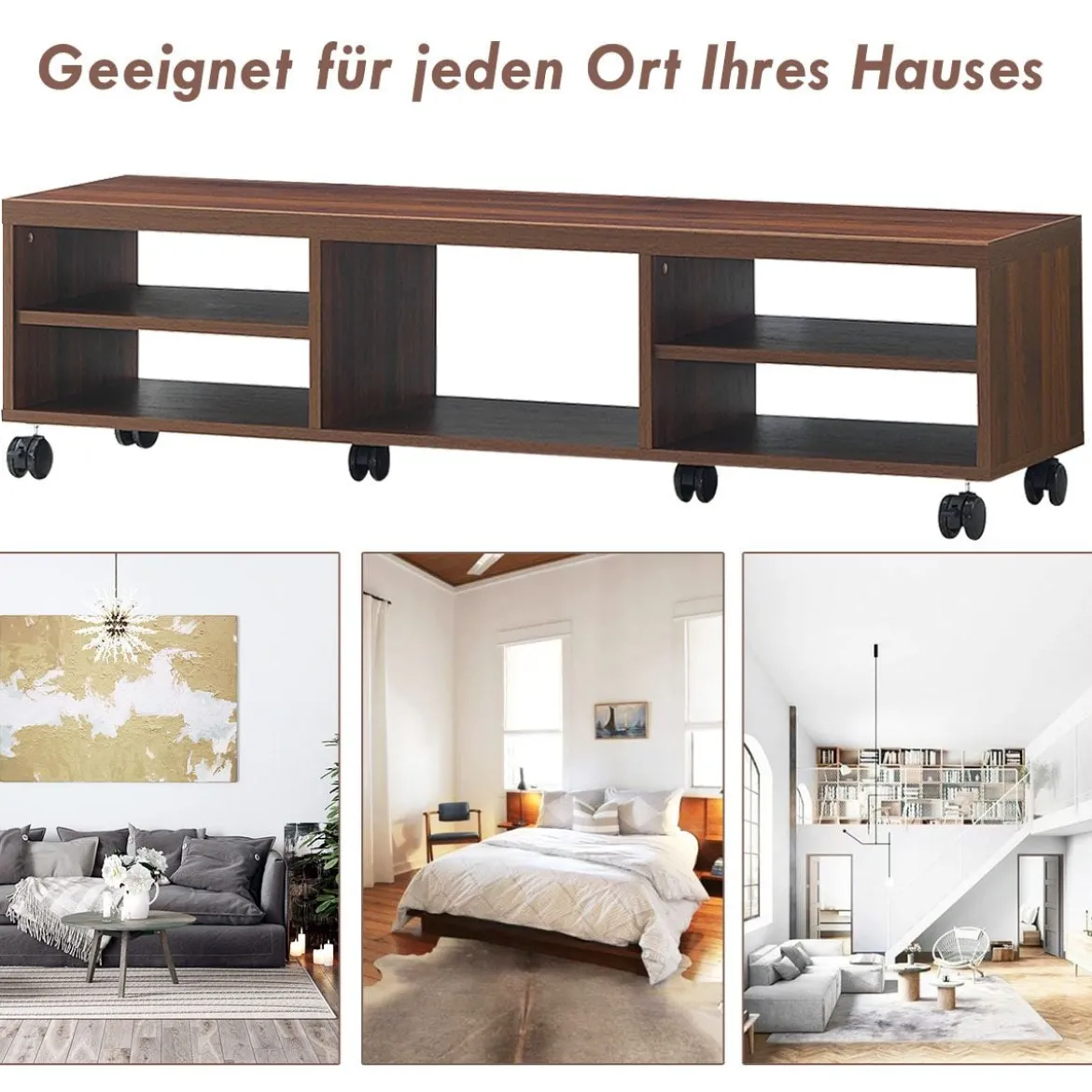 Fernsehschrank Holz mit 5 offenen Fächern TV Schrank mit Rädern Braun