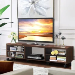Fernsehschrank Holz mit 5 offenen Fächern TV Schrank mit Rädern Braun
