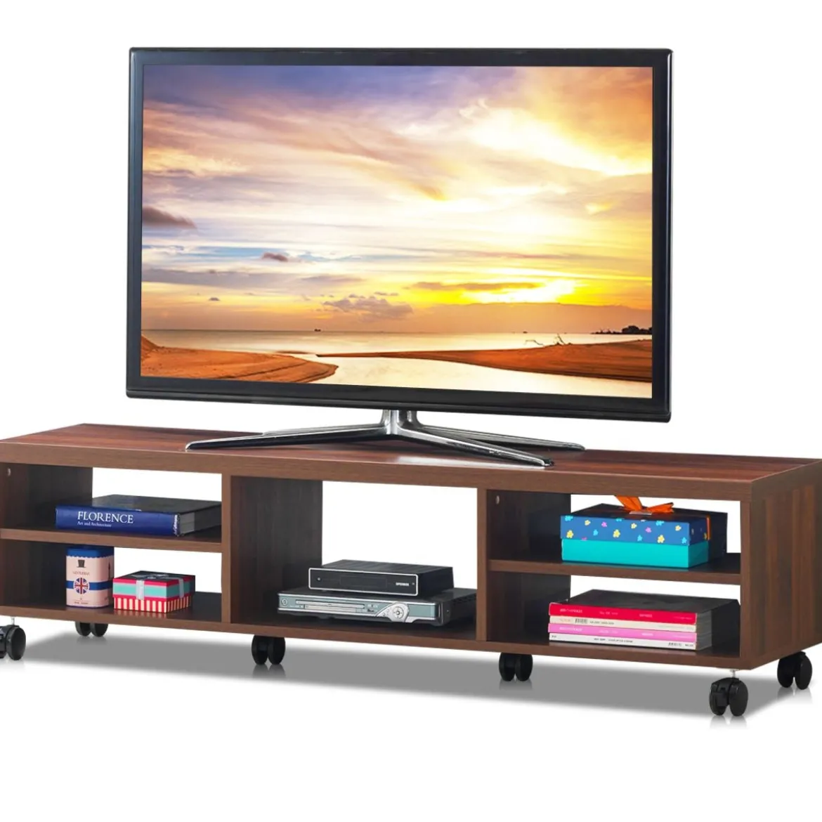 Fernsehschrank Holz mit 5 offenen Fächern TV Schrank mit Rädern Braun
