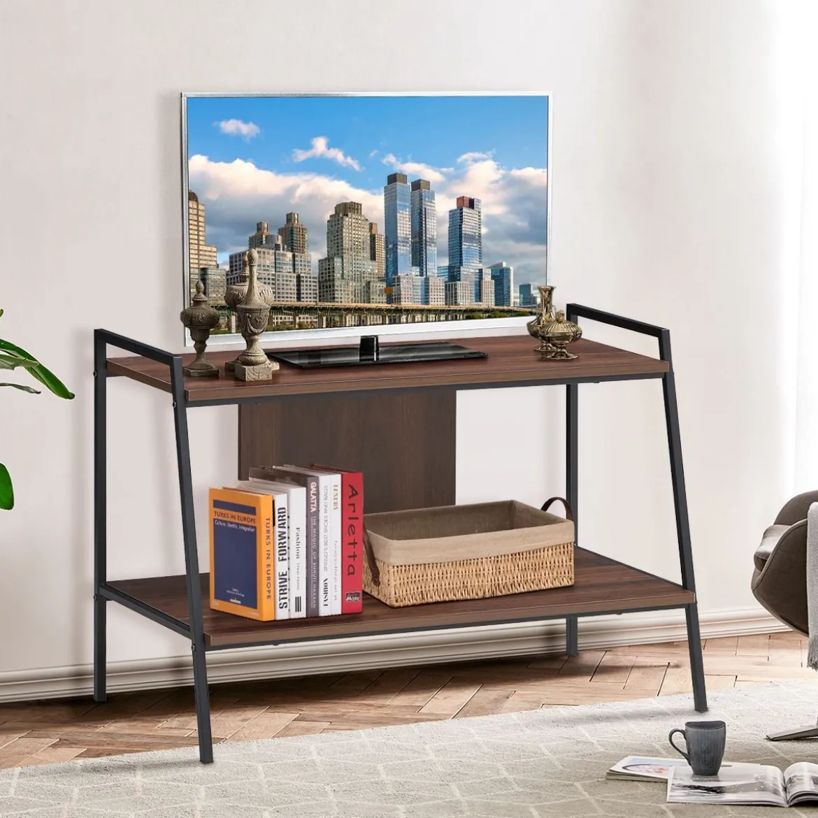 Fernsehschrank TV-Entertainment-Center 2-Stufiges TV-Regal für Fernseher bis 32 Zoll Walnuss