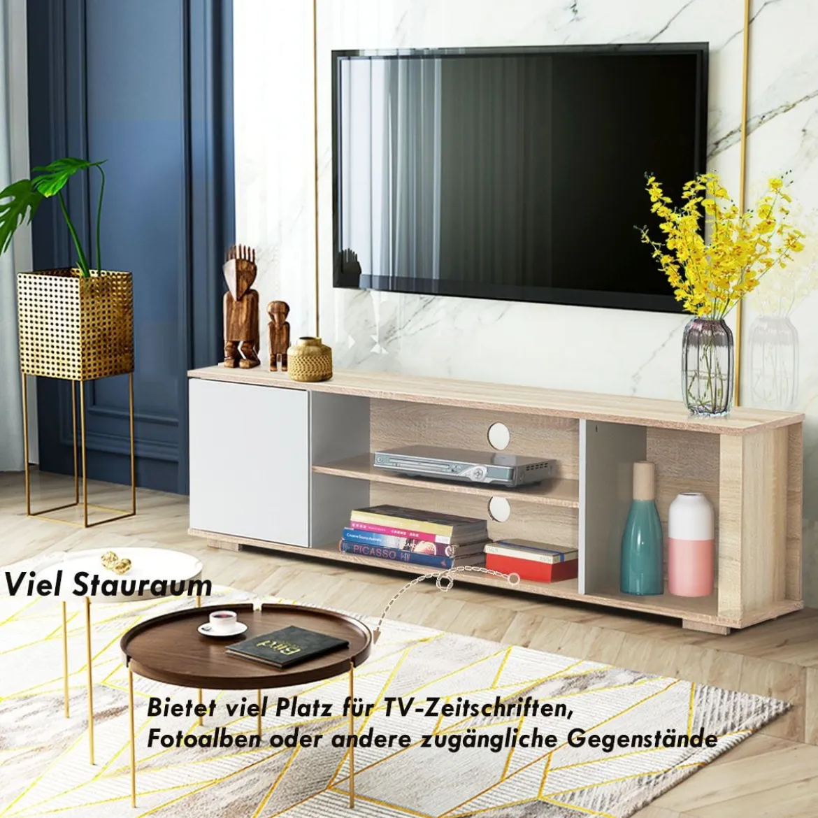 Fernsehschrank TV Lowboard mit Schrank und 3 offenen Fächern TV Schrank Landhausstil Natur