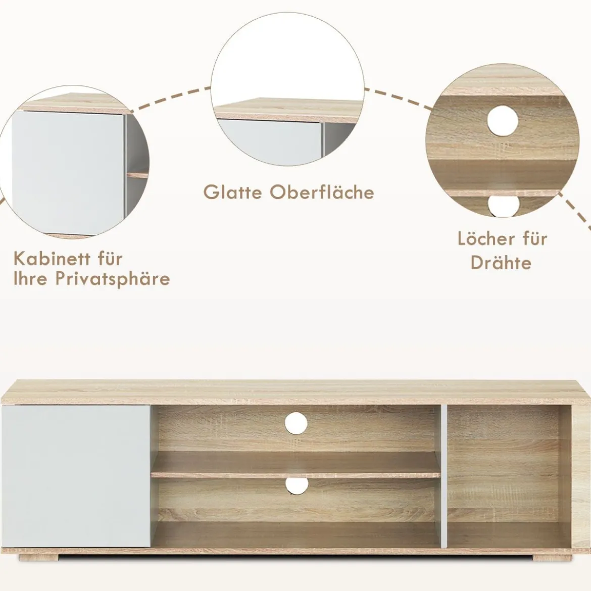 Fernsehschrank TV Lowboard mit Schrank und 3 offenen Fächern TV Schrank Landhausstil Natur