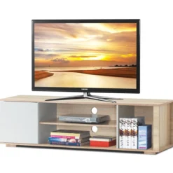 Fernsehschrank TV Lowboard mit Schrank und 3 offenen Fächern TV Schrank Landhausstil Natur