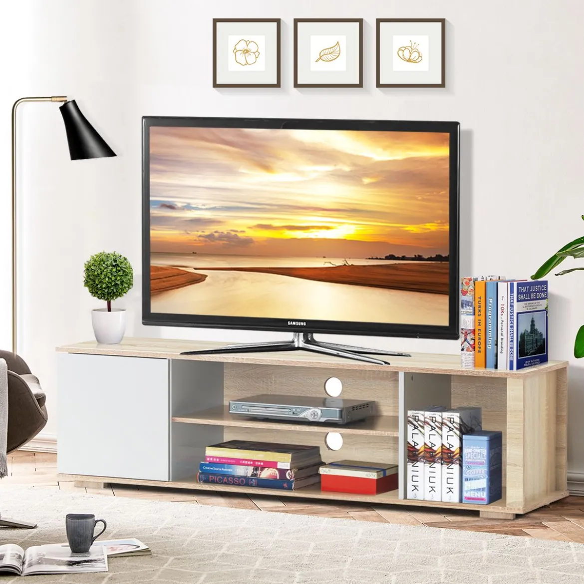 Fernsehschrank TV Lowboard mit Schrank und 3 offenen Fächern TV Schrank Landhausstil Natur