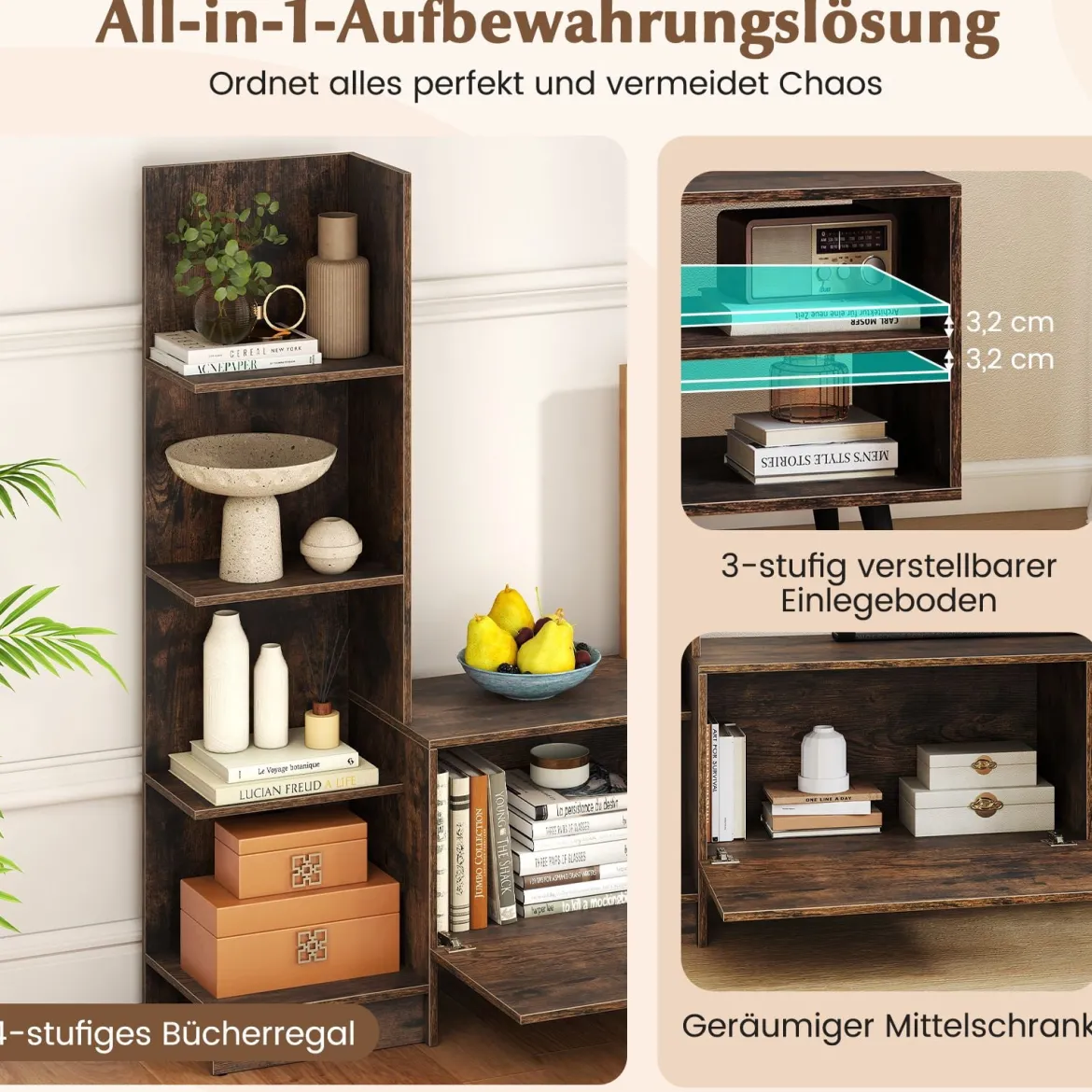 Fernsehtisch für TV bis zu 50 Zoll TV Schrank mit Bücherregal & Verstellbarem Regal Kaffee