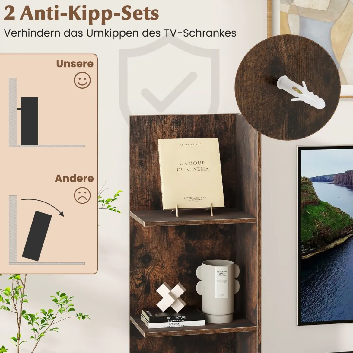 Fernsehtisch für TV bis zu 50 Zoll TV Schrank mit Bücherregal & Verstellbarem Regal Kaffee