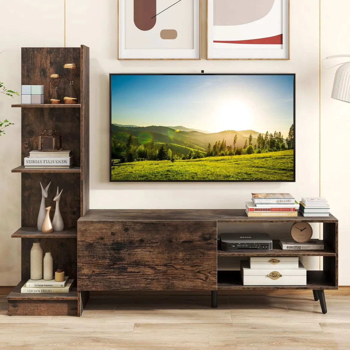 Fernsehtisch für TV bis zu 50 Zoll TV Schrank mit Bücherregal & Verstellbarem Regal Kaffee