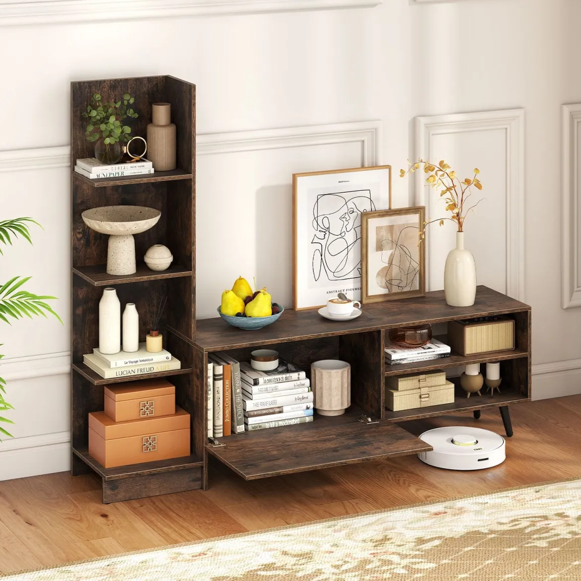 Fernsehtisch für TV bis zu 50 Zoll TV Schrank mit Bücherregal & Verstellbarem Regal Kaffee