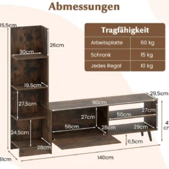 Fernsehtisch für TV bis zu 50 Zoll TV Schrank mit Bücherregal & Verstellbarem Regal Kaffee