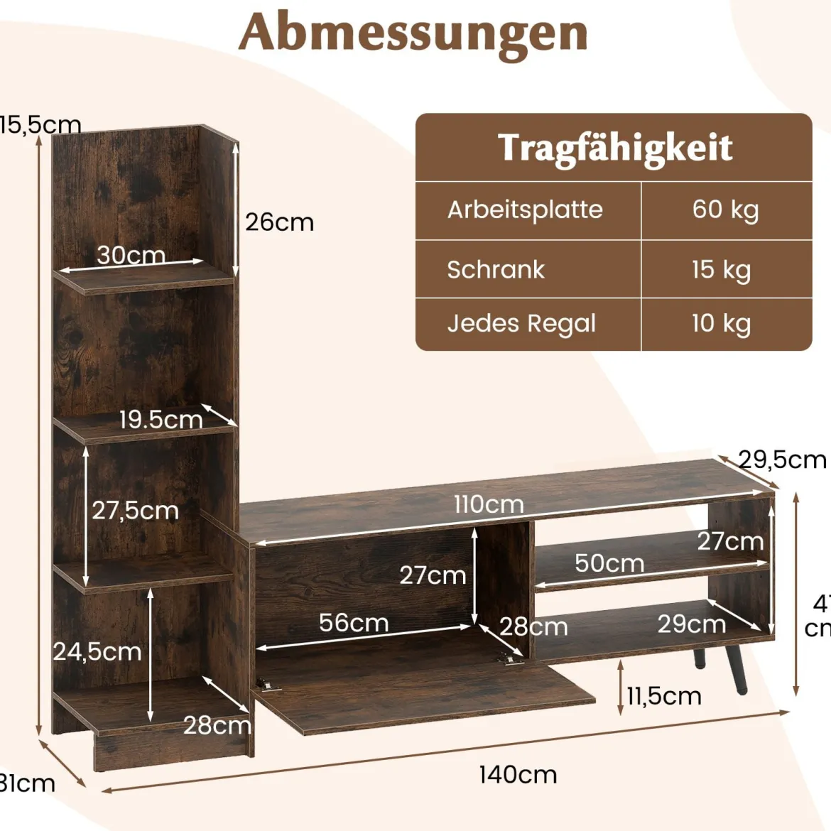 Fernsehtisch für TV bis zu 50 Zoll TV Schrank mit Bücherregal & Verstellbarem Regal Kaffee