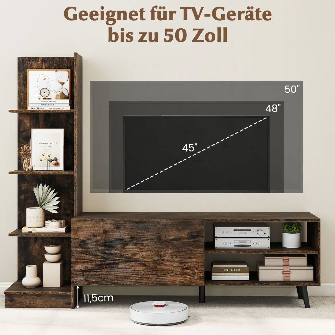 Fernsehtisch für TV bis zu 50 Zoll TV Schrank mit Bücherregal & Verstellbarem Regal Kaffee