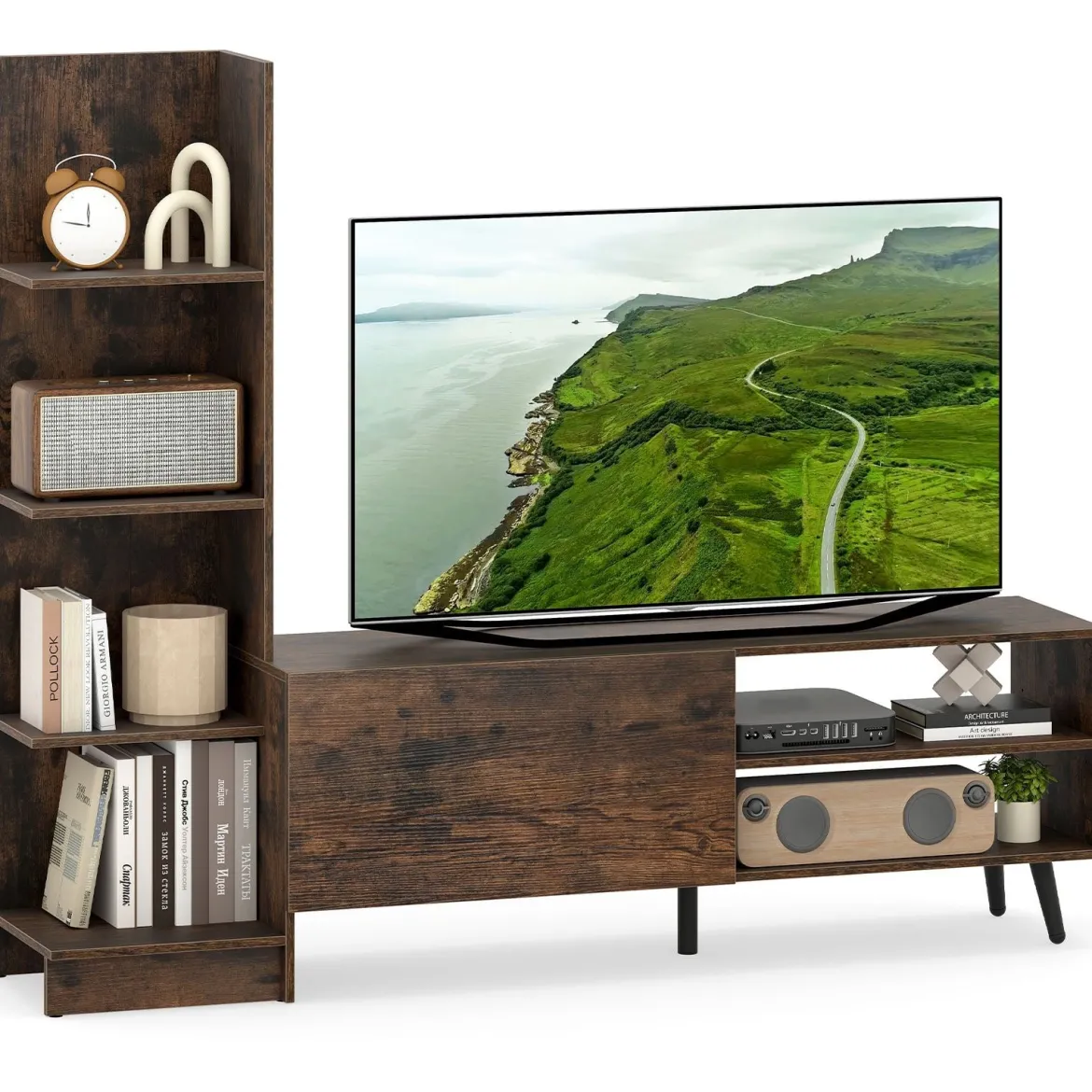 Fernsehtisch für TV bis zu 50 Zoll TV Schrank mit Bücherregal & Verstellbarem Regal Kaffee