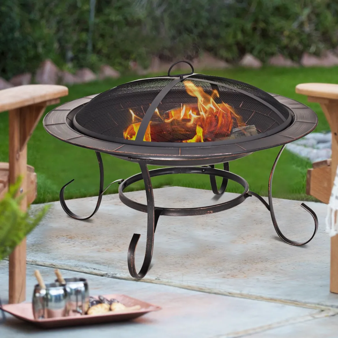 Feuerstelle Garten Grill Feuerkorb mit Funkenhaube 76 x 76 x 53 cm Schwarz