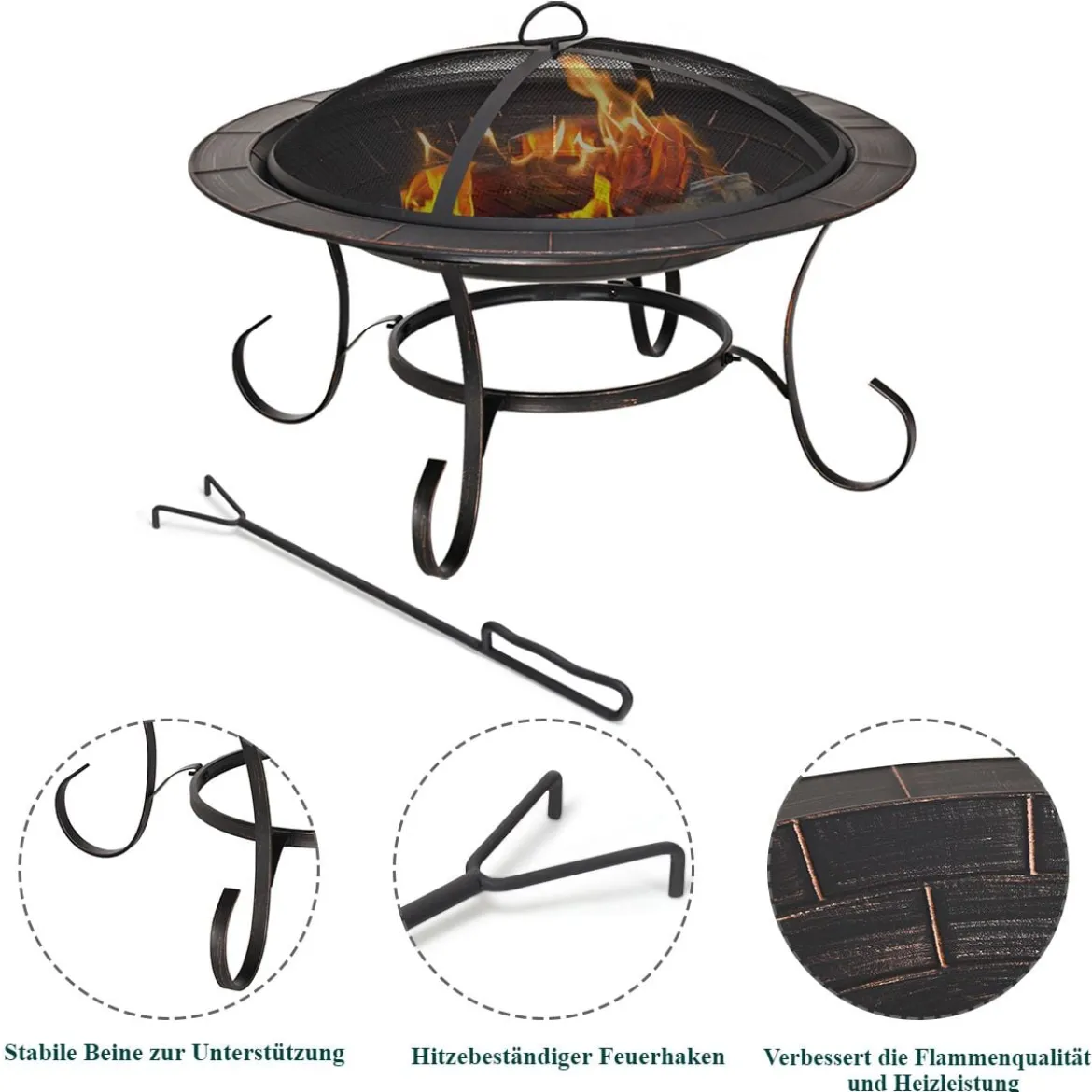 Feuerstelle Garten Grill Feuerkorb mit Funkenhaube 76 x 76 x 53 cm Schwarz