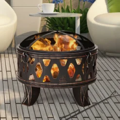 Feuerstelle Garten Terrasse mit Funkenschutz und Schürhaken 71 x 71 x 60 cm