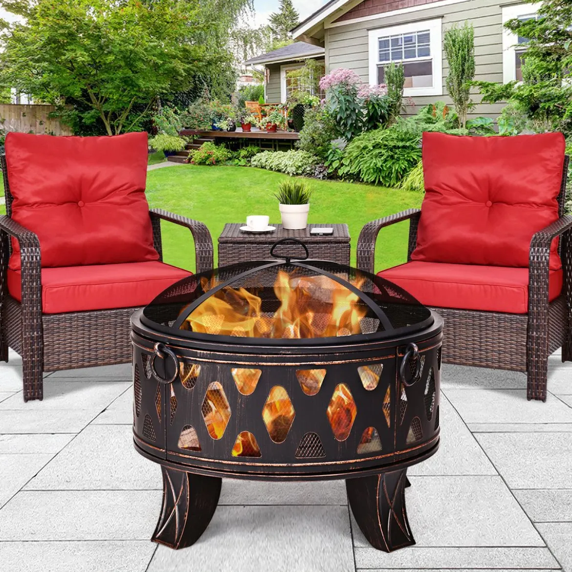 Feuerstelle Garten Terrasse mit Funkenschutz und Schürhaken 71 x 71 x 60 cm