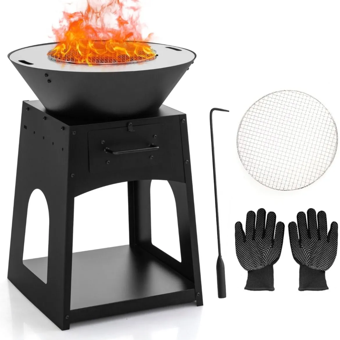 Feuerstelle mit Grillrost Aschekasten unterem Staufach Feuerschale 60 x 80 cm Schwarz