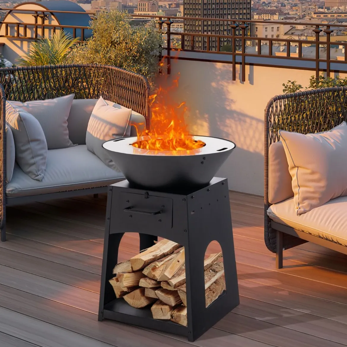 Feuerstelle mit Grillrost Aschekasten unterem Staufach Feuerschale 60 x 80 cm Schwarz
