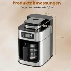Filterkaffeemaschine mit Glaskanne 8 Tassen Kompakte Kaffeemaschine mit Mahl- und Brühfunktion