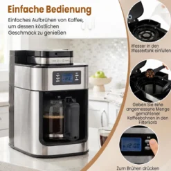 Filterkaffeemaschine mit Glaskanne 8 Tassen Kompakte Kaffeemaschine mit Mahl- und Brühfunktion