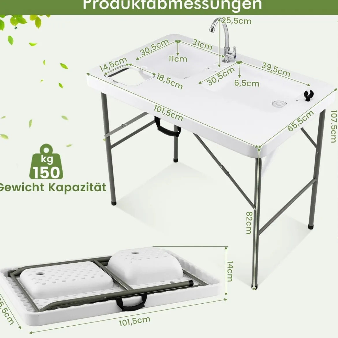 Fischreinigungstisch Klappbarer Filetiertisch 101,5 x 65,5 x 107,5 cm Weiß