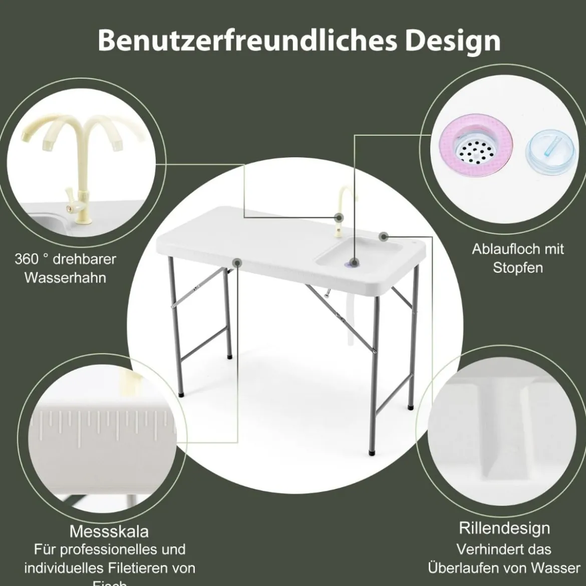 Fischreinigungstisch Tragbarere Fischfilet- undJagdstation mit Spüle Wasserhahn Ablaufschlauch