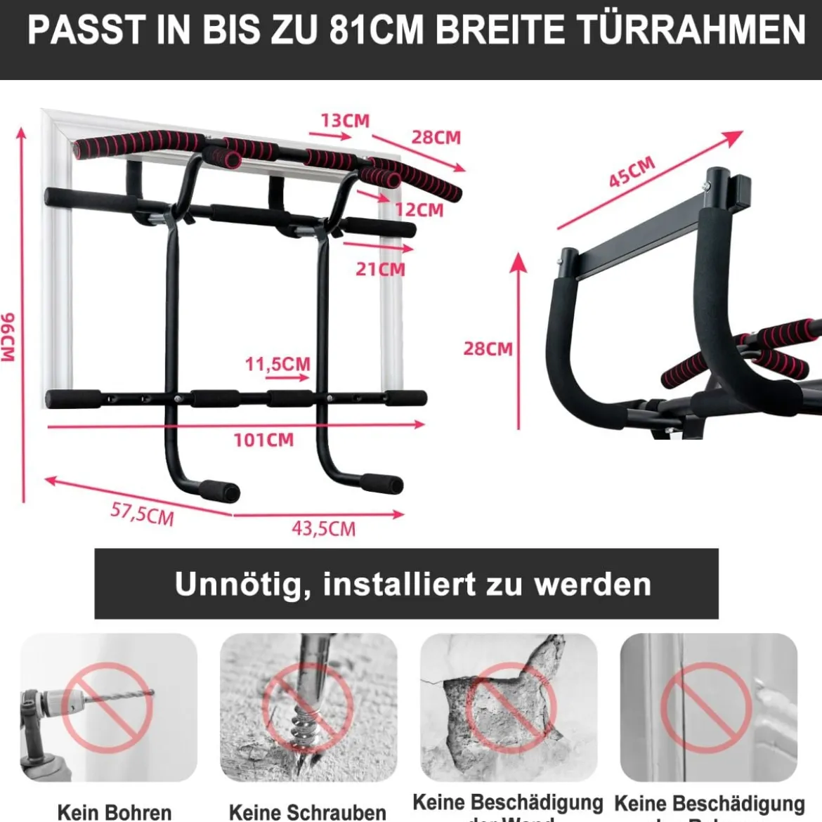 Fitnessstange Tragbare Klimmzugstange Reckstange fürs Krafttraining 101 x 57,5 x 96 cm Schwarz