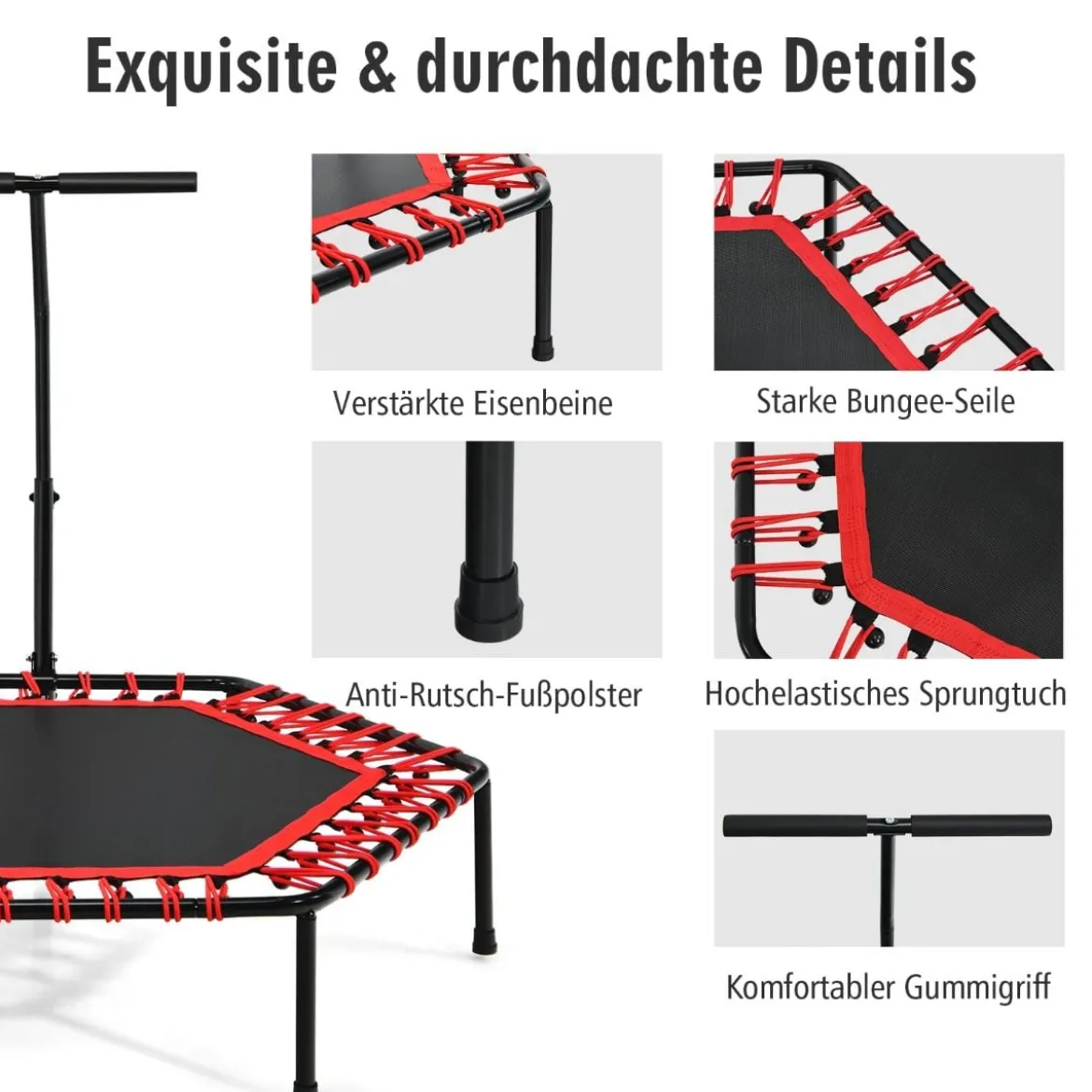 Fitness-Trampolin Übungstrampolin mit verstellbarem Griff Sicheres Trampolin 129 x 114 x 96-112 cm Rot