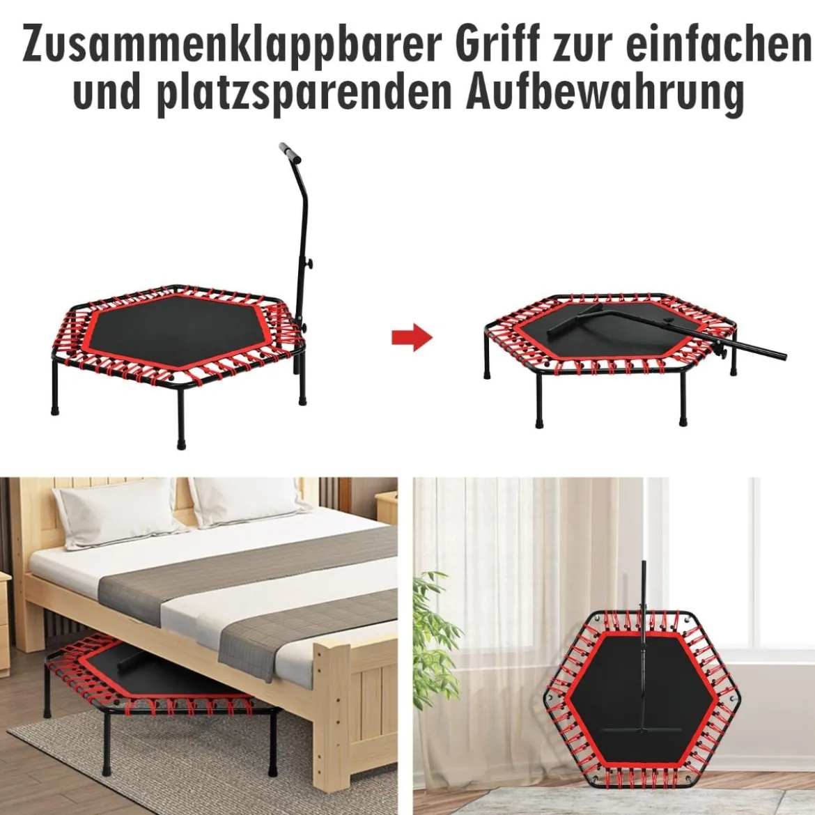 Fitness-Trampolin Übungstrampolin mit verstellbarem Griff Sicheres Trampolin 129 x 114 x 96-112 cm Rot