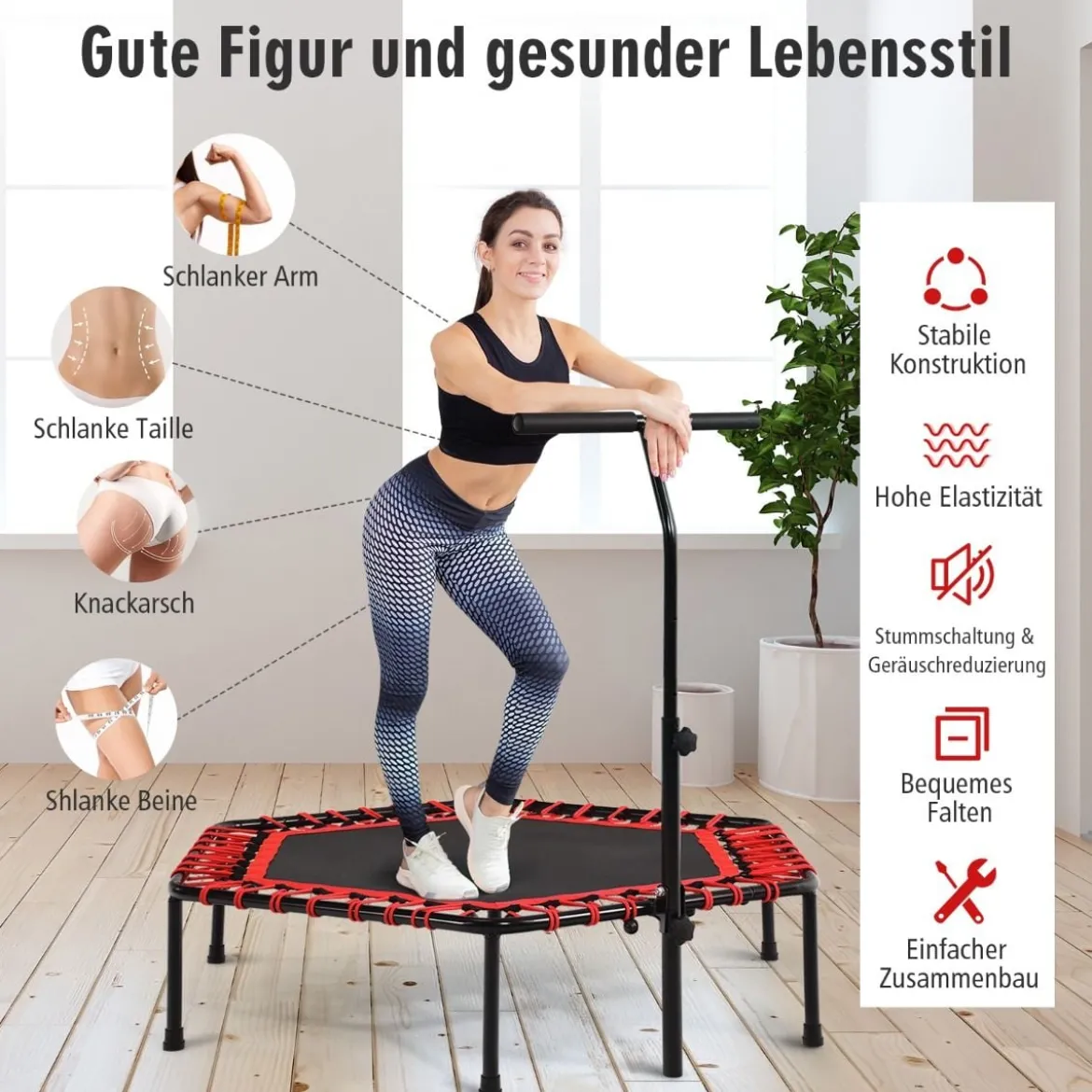 Fitness-Trampolin Übungstrampolin mit verstellbarem Griff Sicheres Trampolin 129 x 114 x 96-112 cm Rot