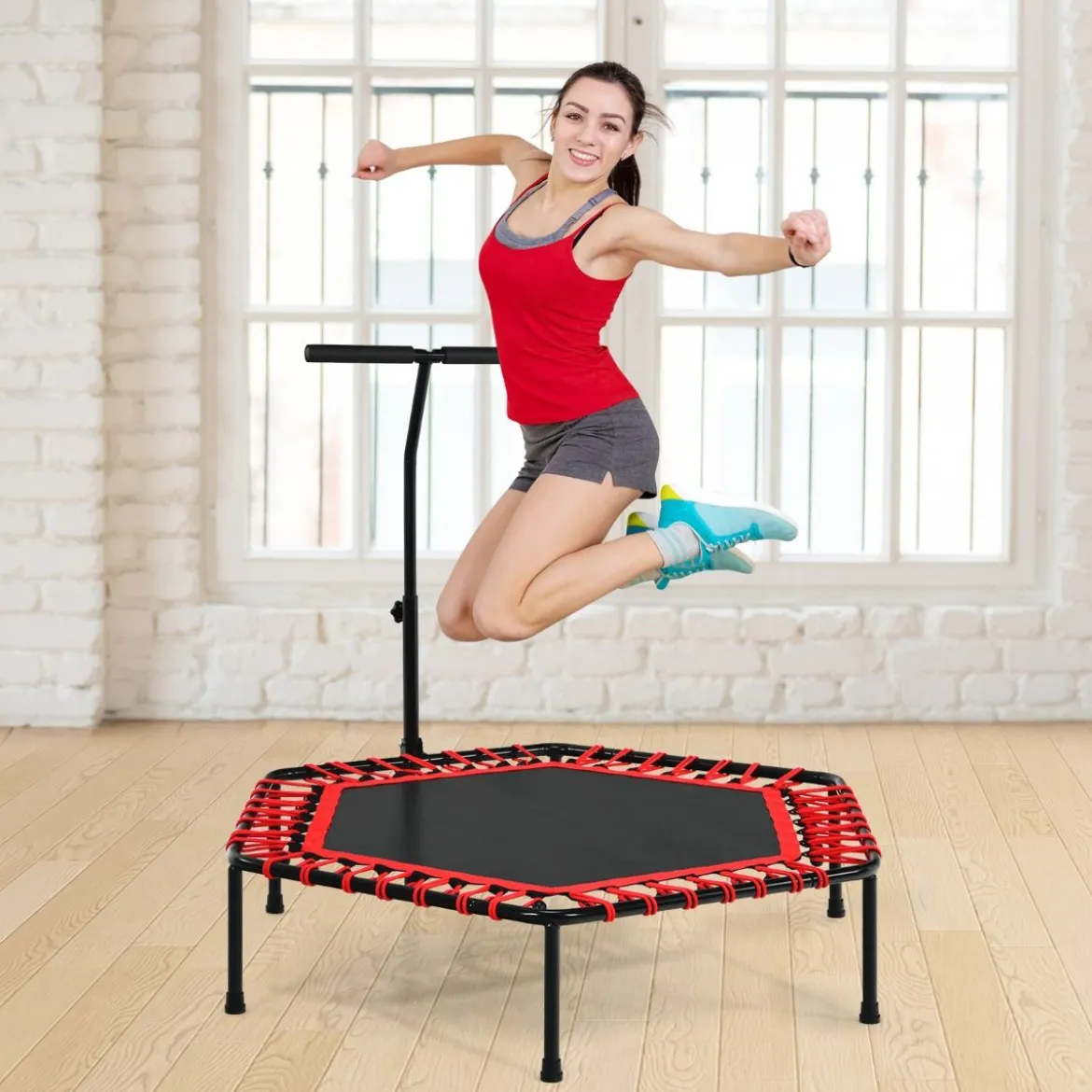 Fitness-Trampolin Übungstrampolin mit verstellbarem Griff Sicheres Trampolin 129 x 114 x 96-112 cm Rot