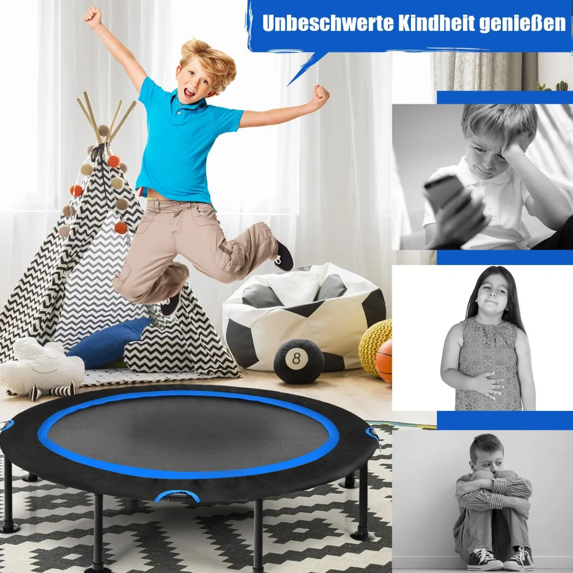 Fitness-Trampolin mit Sicherheitspads Mini Trampolin faltbar φ120 x 26 cm Schwarz und Blau