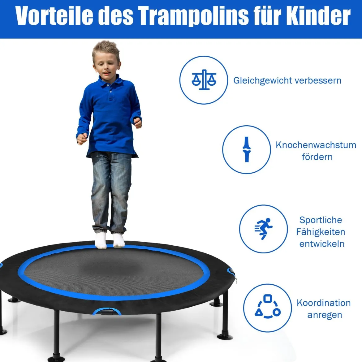 Fitness-Trampolin mit Sicherheitspads Mini Trampolin faltbar φ120 x 26 cm Schwarz und Blau