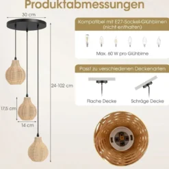 3-flammige Boho Rattan Hängeleuchte handgewebter natürlicher Korb-Kronleuchter mit verstellbarer Höhe Beige