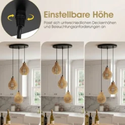3-flammige Boho Rattan Hängeleuchte handgewebter natürlicher Korb-Kronleuchter mit verstellbarer Höhe Beige
