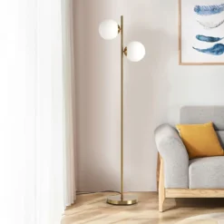 2-flammige Stehlampe aus Milchglas mit 2 Glühbirnen & Fußschalter Moderne Stehleuchte Golden