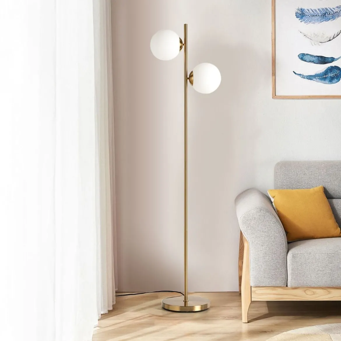 2-flammige Stehlampe aus Milchglas mit 2 Glühbirnen & Fußschalter Moderne Stehleuchte Golden