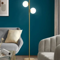 2-flammige Stehlampe aus Milchglas mit 2 Glühbirnen & Fußschalter Moderne Stehleuchte Golden