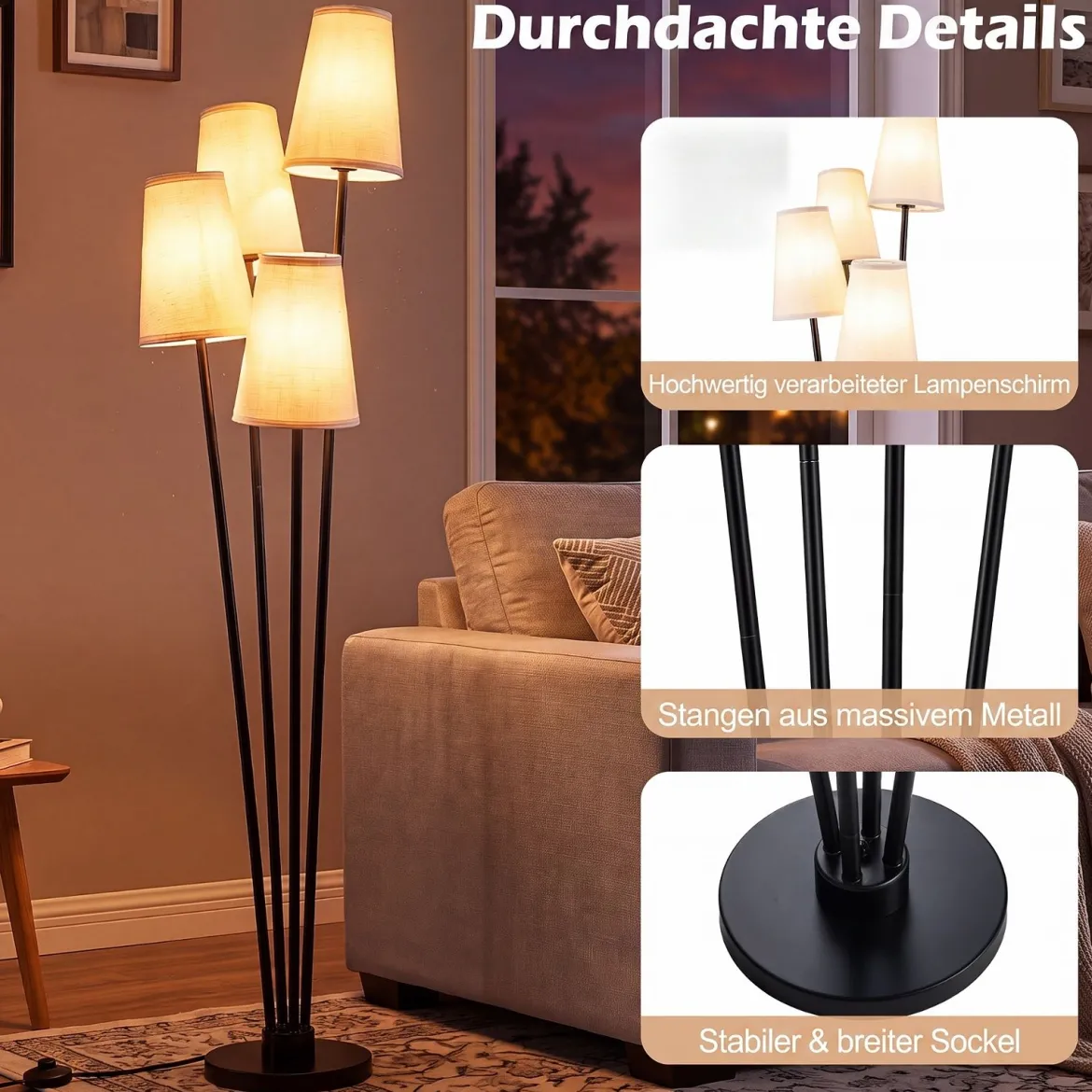 4-flammige Stehlampe mit Fußschalter & 4 Lampenschirmen Moderne Bodenlampe 25 x 25 x 160 cm