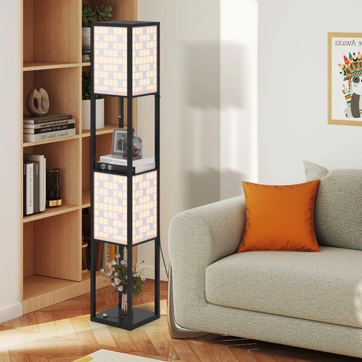 2-Flammige Stehleuchte mit 2 Regalen & Fußschalter Stehlampe Holzregal-Lampe