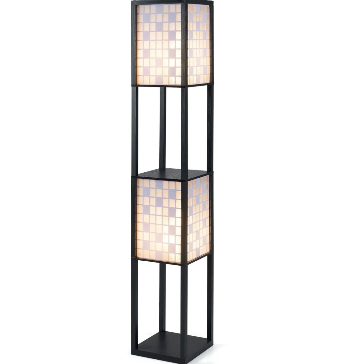 2-Flammige Stehleuchte mit 2 Regalen & Fußschalter Stehlampe Holzregal-Lampe